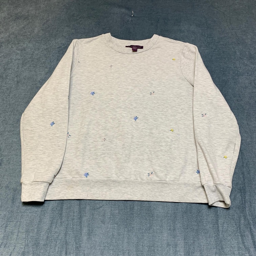 Gloria Vanderbilt Sweatshirt Women Large Heather Gray Stretch Flower Embroidered